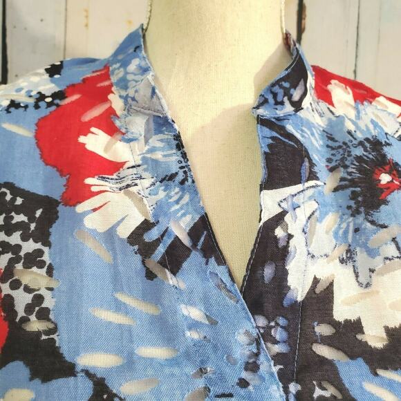Brielle Blvd Burnout Top Size 8 Blue & Red Floral Semi Sheer Pearl Buttons Retro - Picture 11 of 12